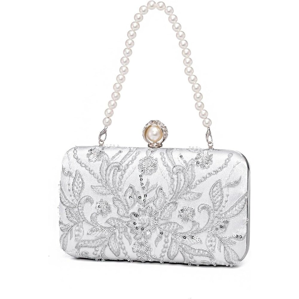 ⚡ Women's Evening Sequins Beaded Decent Designed Embroidery White Clutch Handbag